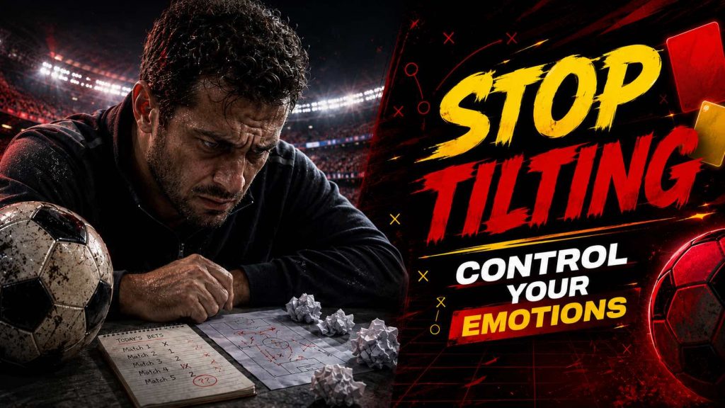 Stop tilting football betting graphic showing a stressed bettor, soccer ball, betting notes, and bold control your emotions message.