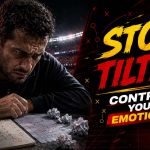 Stop tilting football betting graphic showing a stressed bettor, soccer ball, betting notes, and bold control your emotions message.