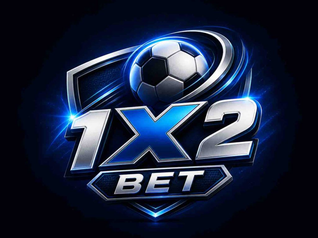 Blue and silver 1X2 bet graphic with a soccer ball, shield-style badge, and bold lettering on a dark background.