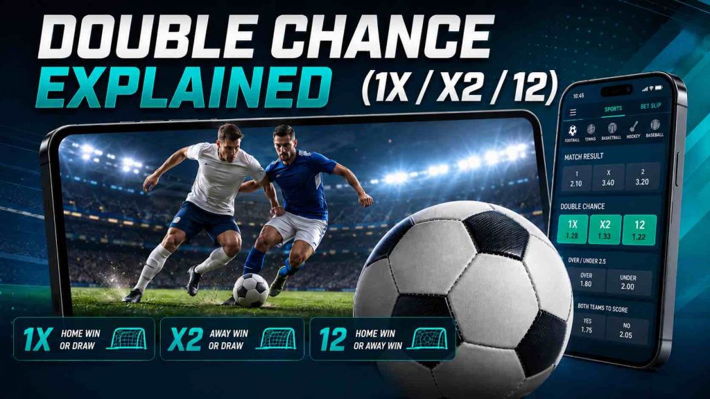 Football double chance betting graphic showing two players in action, a soccer ball, mobile sportsbook odds interface, and 1X, X2, and 12 betting options.