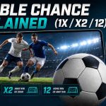 Football double chance betting graphic showing two players in action, a soccer ball, mobile sportsbook odds interface, and 1X, X2, and 12 betting options.