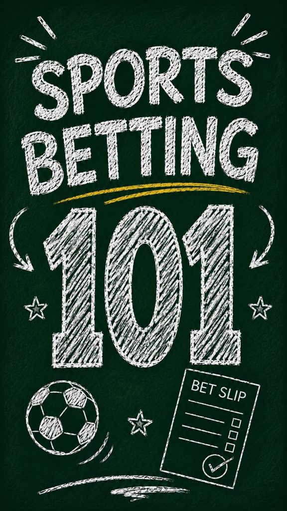 Chalkboard-style sports betting graphic with the text “Sports Betting 101,” plus hand-drawn soccer ball and bet slip icons on a green background.