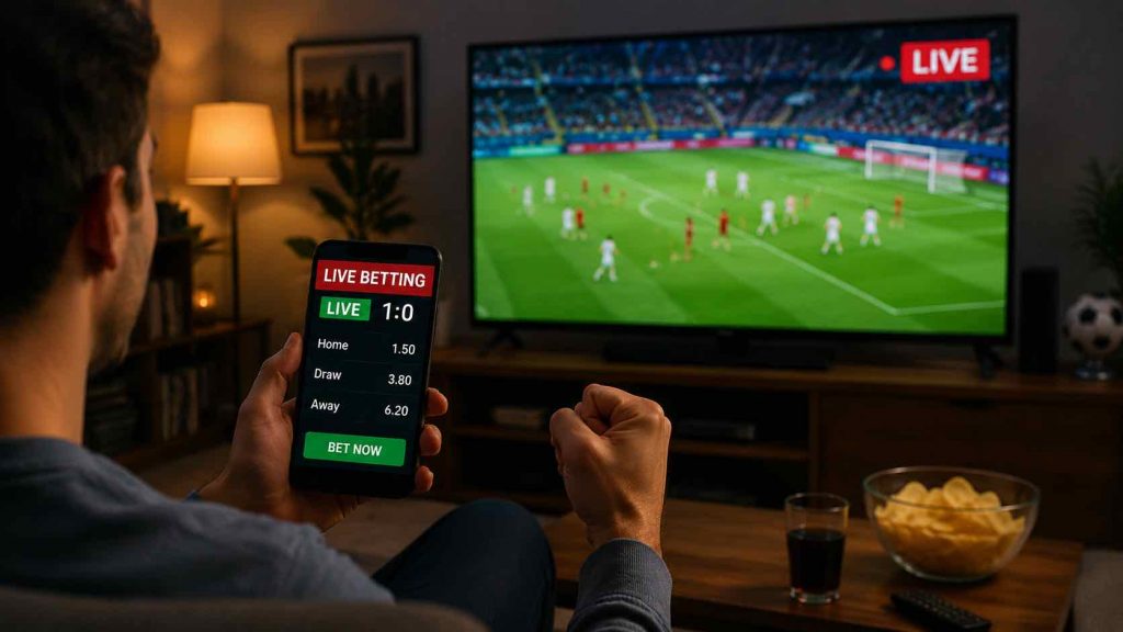 A man watching a football match on TV at home while holding a smartphone showing a live betting interface with odds and match score.