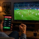 A man watching a football match on TV at home while holding a smartphone showing a live betting interface with odds and match score.