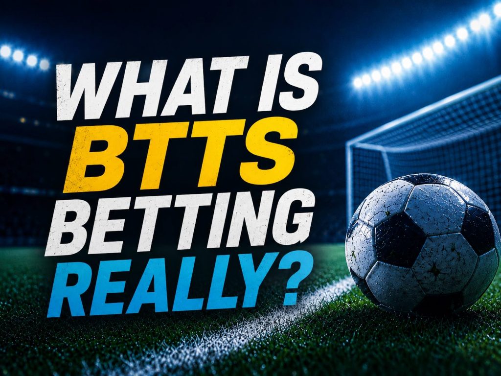 Football-themed BTTS betting graphic with a soccer ball, goal net, stadium lights, and bold text reading “What is BTTS betting really?”
