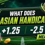 Asian handicap betting graphic with soccer stadium background, football elements, and handicap examples +1.25 and -2.5.