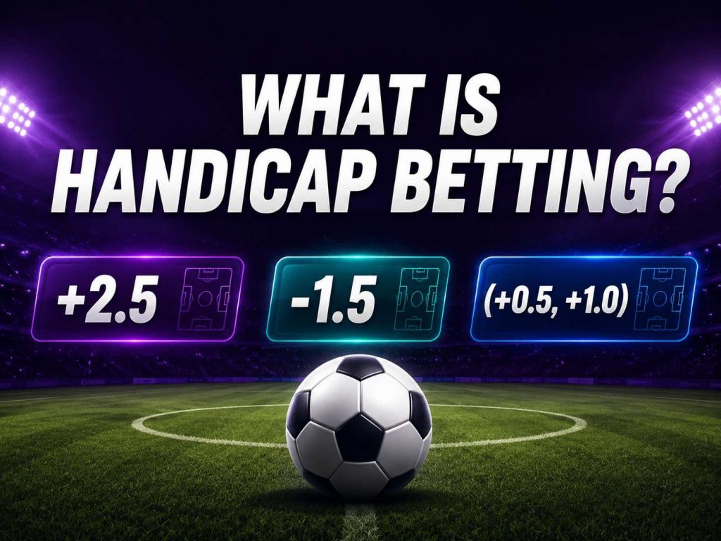 Football handicap betting graphic with a soccer ball, stadium background, and handicap odds examples such as +2.5, -1.5, and +0.5/+1.0.