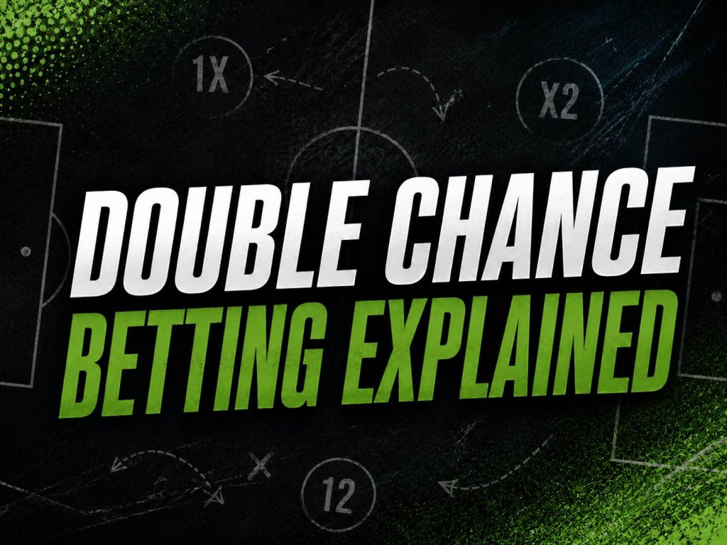 Football-themed graphic with the text “Double Chance Betting Explained” over a dark green soccer tactics background with 1X, X2, and 12 betting options.