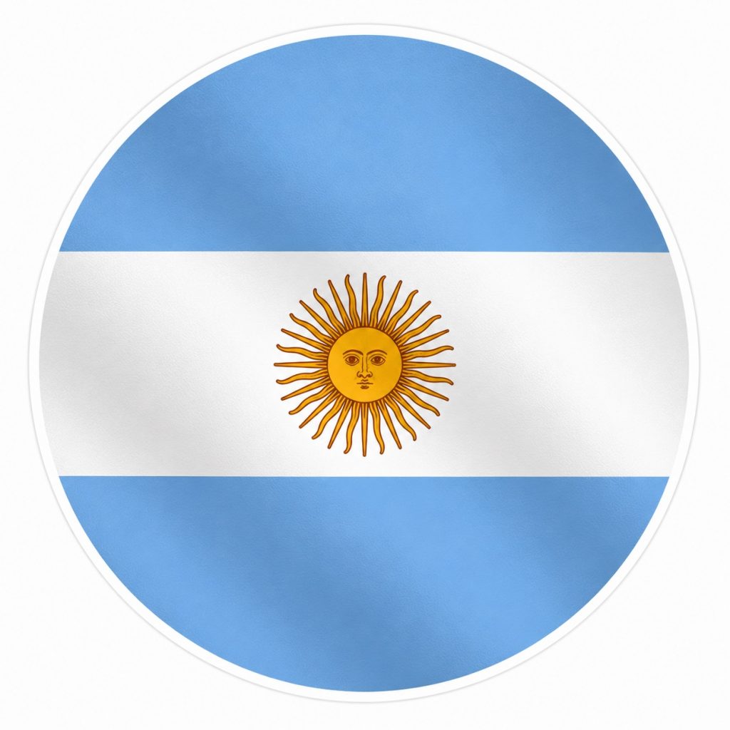 Round Argentina national flag icon with light blue and white horizontal stripes and a golden sun emblem on a clean white background.