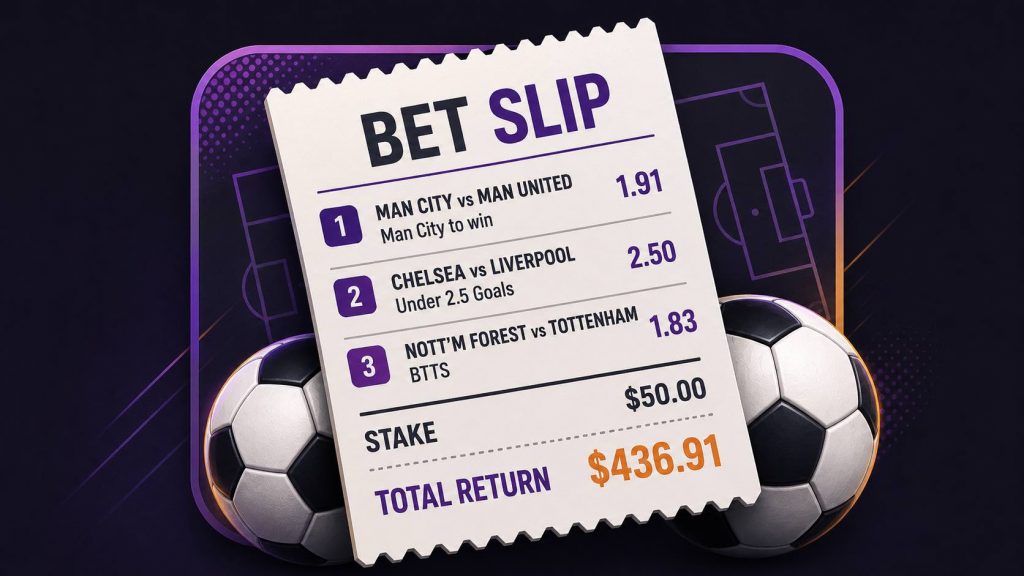 Is parlay betting worth it concept image showing a football parlay bet slip with decimal odds, soccer balls, and three selected match legs.