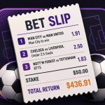 Is parlay betting worth it concept image showing a football parlay bet slip with decimal odds, soccer balls, and three selected match legs.