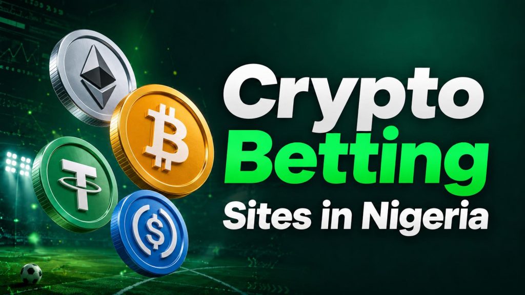Crypto Betting Sites in Nigeria graphic with Bitcoin, Ethereum, USDT, and USDC coin icons beside bold text on a green football stadium background.