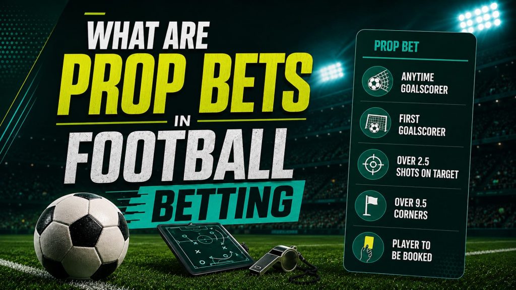 Props Money Meaning football betting graphic showing prop bets in football betting, a soccer ball, tactical board, whistle, stadium lights, and common prop bet examples.