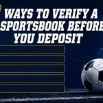 Football-themed infographic titled “5 Ways to Verify a Sportsbook Before You Deposit” with five empty checklist lines, a soccer ball, and stadium lights
