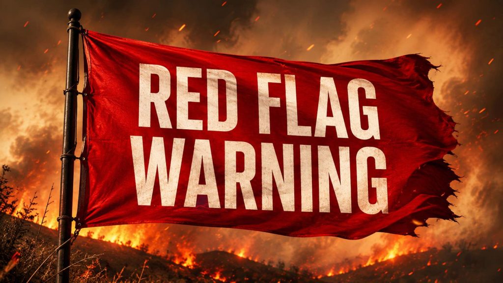 Red flag warning banner flying above a wildfire with smoke, flames, and glowing embers