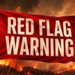 Red flag warning banner flying above a wildfire with smoke, flames, and glowing embers